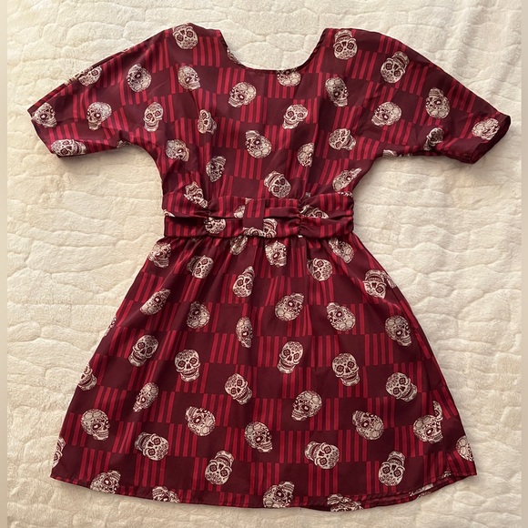 XHILARATION SUGAR SKULL PRINT FIT AND FLARE MINI DRESS RED size S - Picture 3 of 8